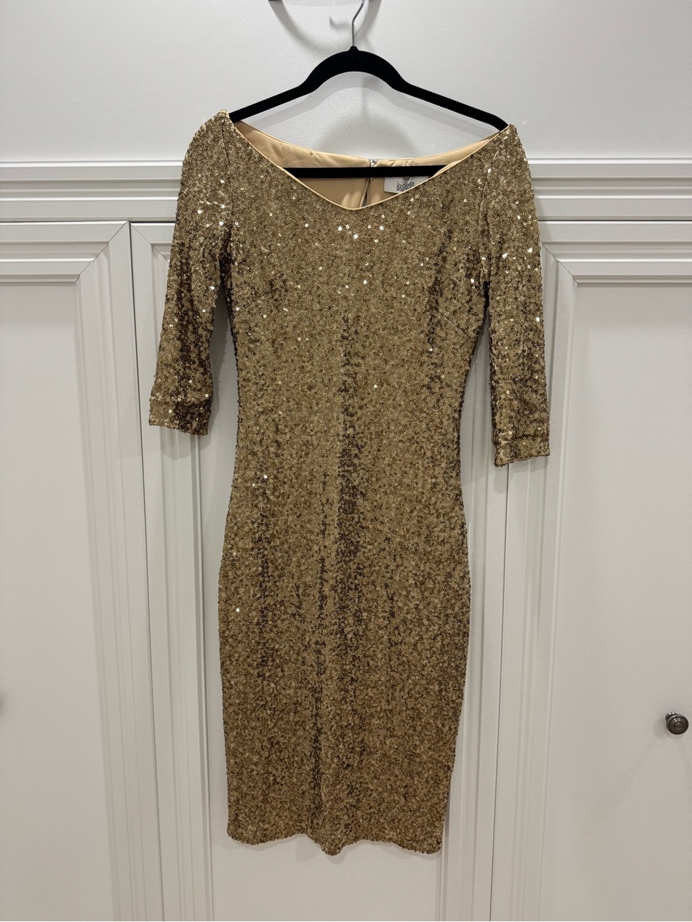 Badgley Mischka Metallic Gold Sequin Midi Dress with Three-Quarter Sleeves